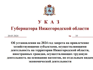 Об установлении на 2024 год запрета на привлечение хозяйствующими субъектами, осуществляющими деятельность на территории Нижегородской области, иностранных граждан, осуществляющих трудовую деятельность на основании патентов, по отдельным видам экономической деятельности