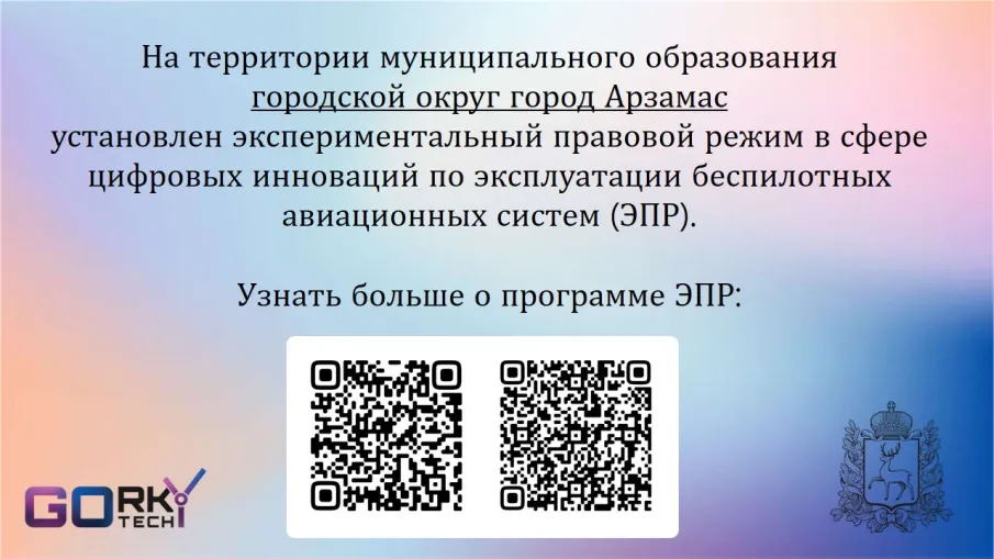 На территории муниципального образования городской округ город Арзамас установлен экспериментальный правовой режим в сфере цифровых инноваций по эксплуатации беспилотных авиационных систем (ЭПР)